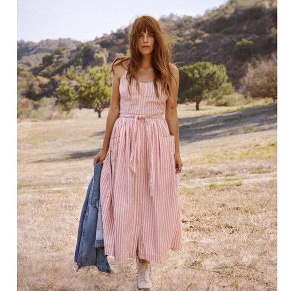 The Great The Carriage Midi Dress Button Front Saffron Stripe Pink White 0 XS - Picture 1 of 9